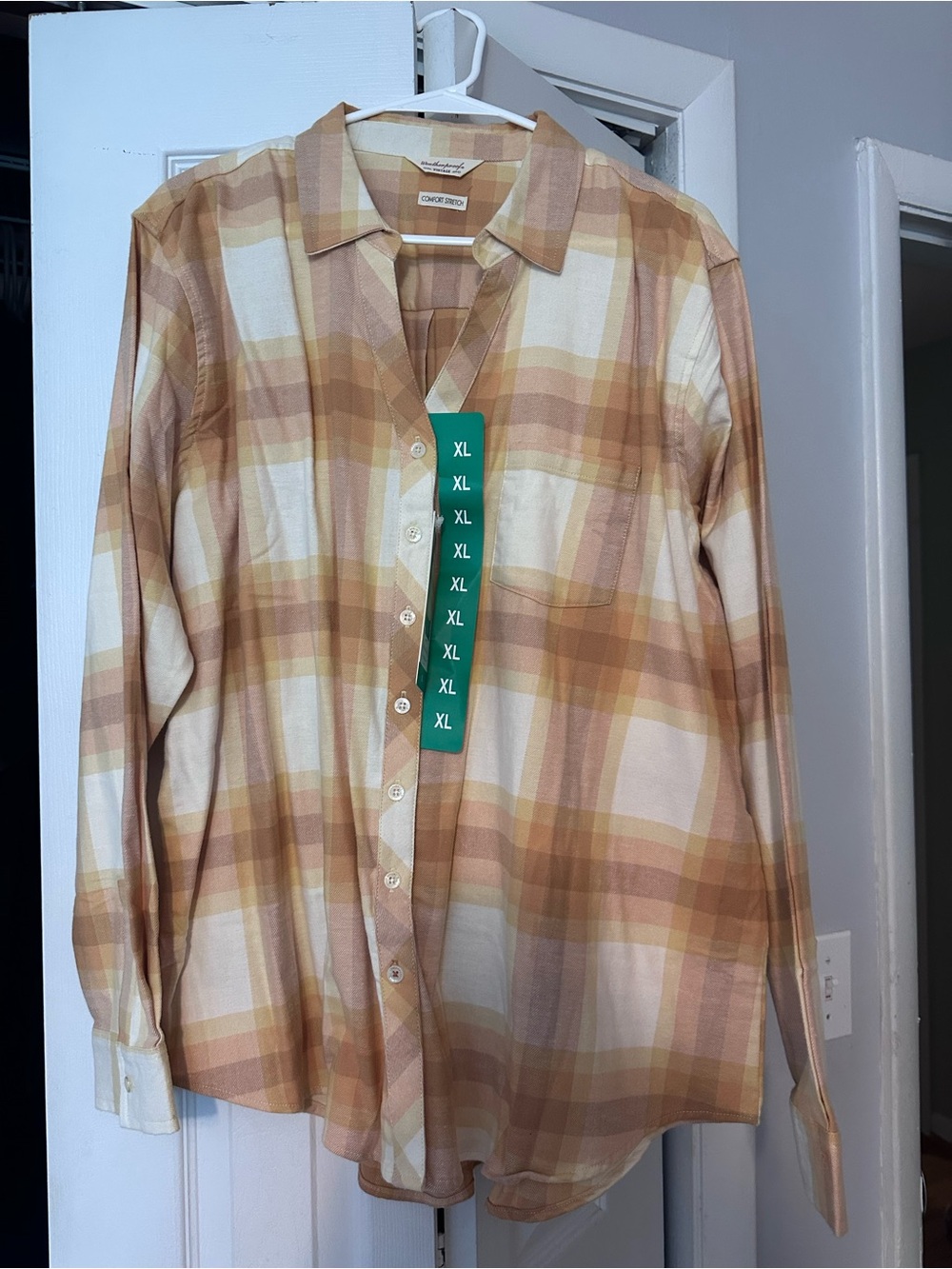 Weatherproof women’s Plaid Button-Down Shirt in Orange Cream and Tan